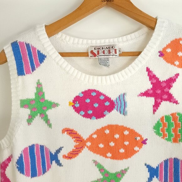 Vtg Richard Sport Sweater Womens Large White Multicolor Fish Starfish Sleeveless - Picture 3 of 9
